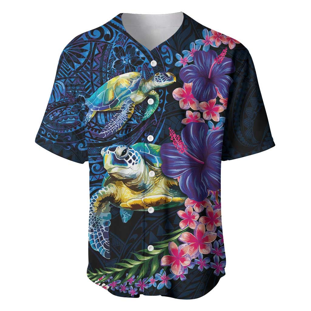 Hawaiian Plumeria and Hibiscus with Turtles Baseball Jersey Polynesian Art Dark Cyan Color LT03 Dark Cyan - Polynesian Pride