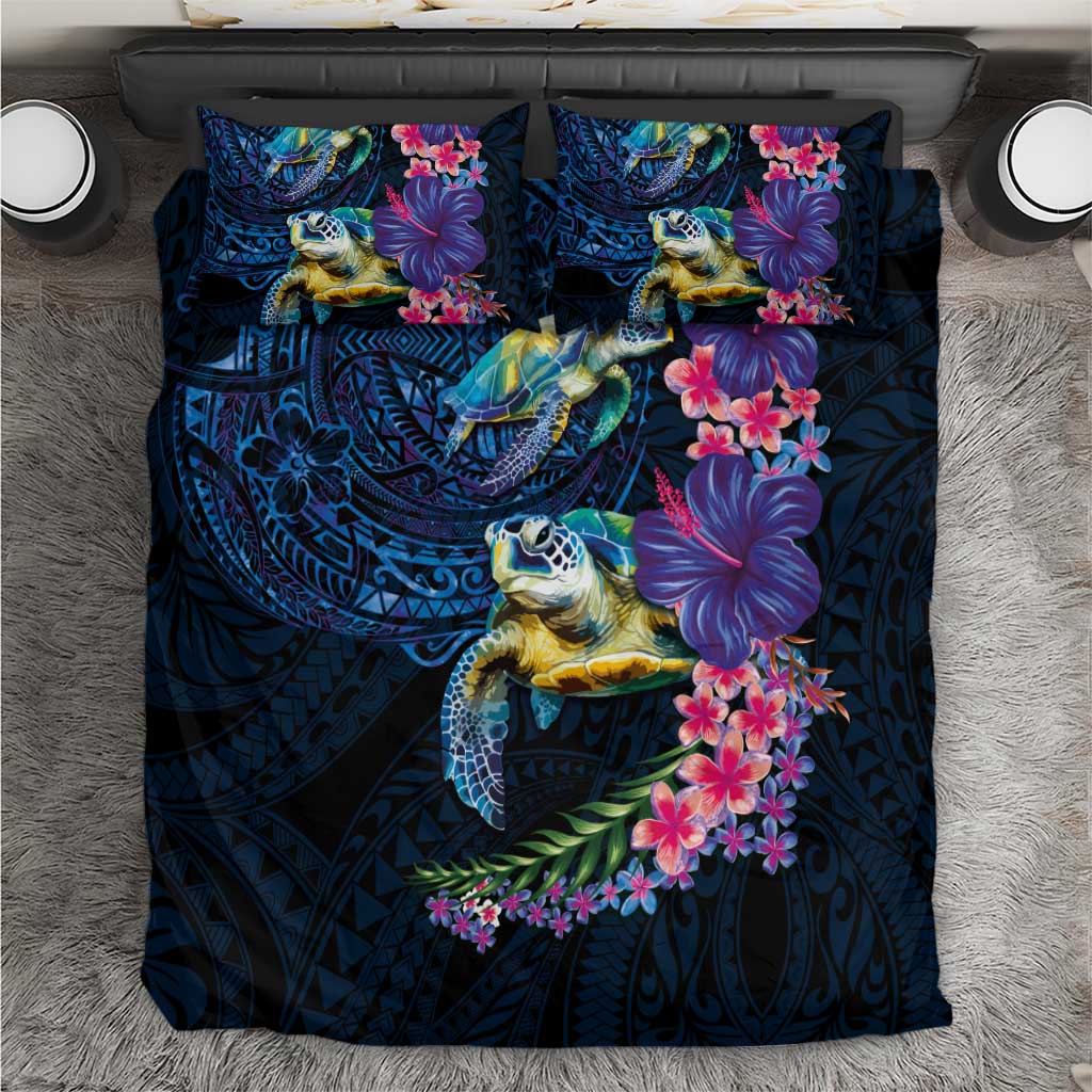 Hawaiian Plumeria and Hibiscus with Turtles Bedding Set Polynesian Art Dark Cyan Color LT03 Dark Cyan - Polynesian Pride