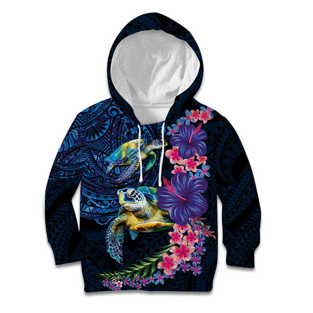 Hawaiian Plumeria and Hibiscus with Turtles Kid Hoodie Polynesian Art Dark Cyan Color LT03 Hoodie Dark Cyan - Polynesian Pride
