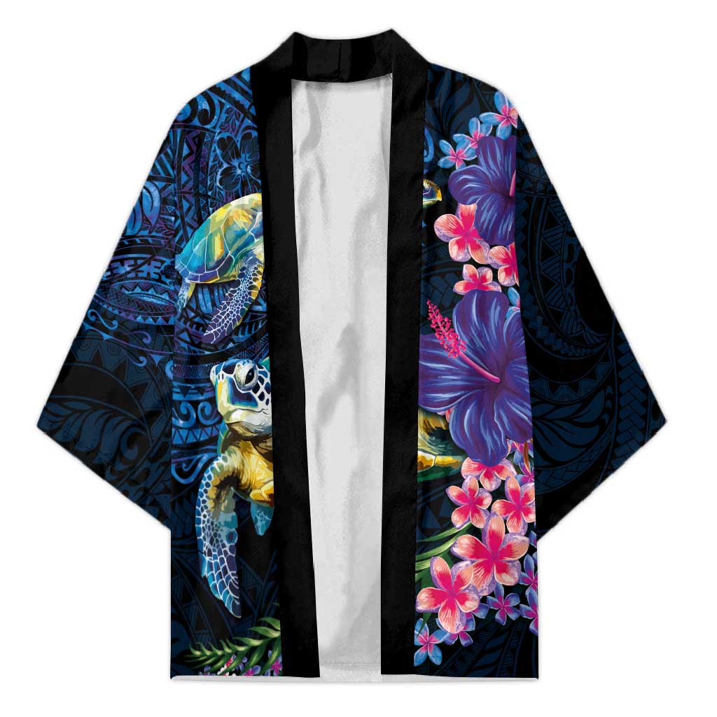 Hawaiian Plumeria and Hibiscus with Turtles Kimono Polynesian Art Dark Cyan Color LT03 Unisex Dark Cyan - Polynesian Pride