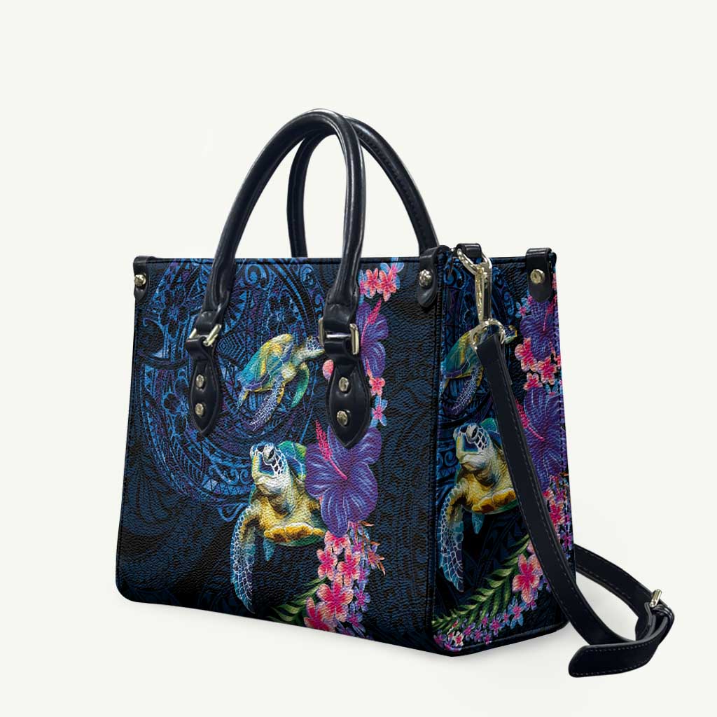 Hawaiian Plumeria and Hibiscus with Turtles Leather Bag Polynesian Art Dark Cyan Color LT03 Dark Cyan - Polynesian Pride