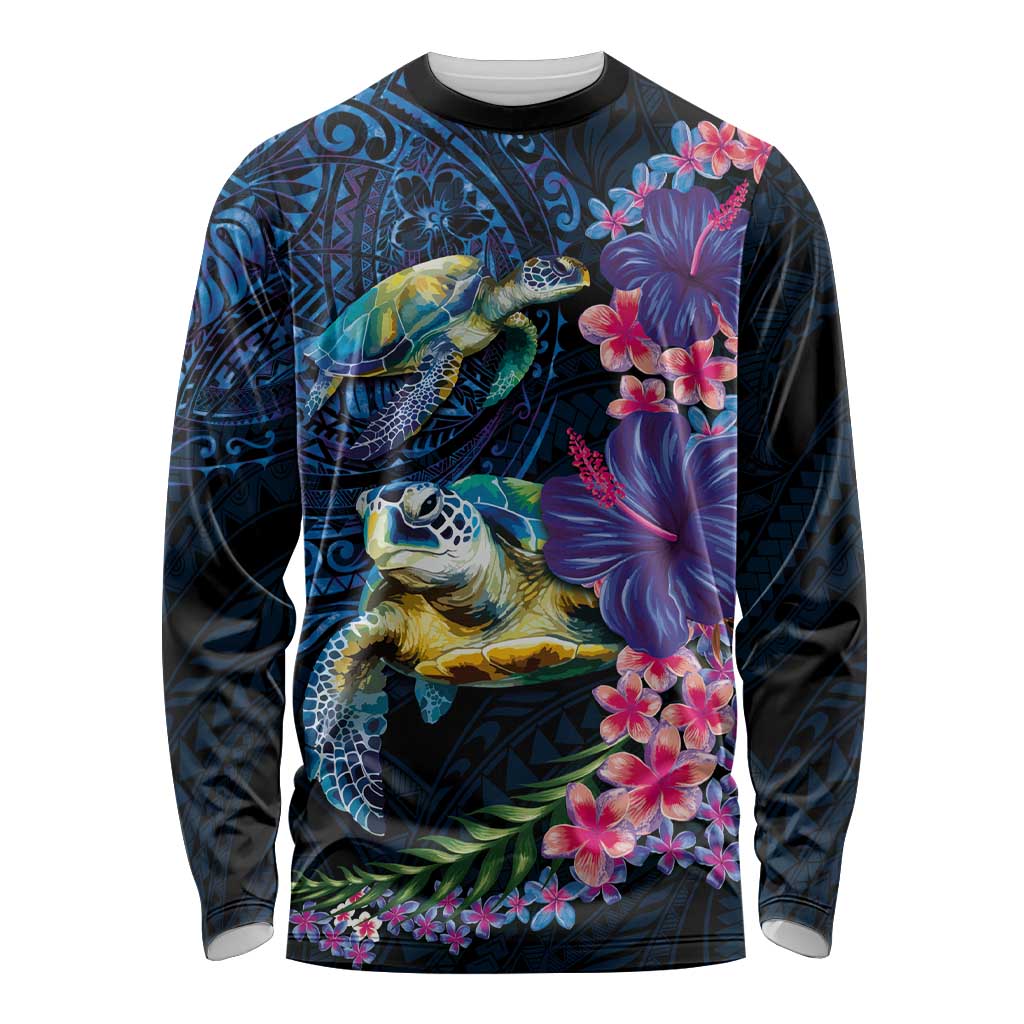 Hawaiian Plumeria and Hibiscus with Turtles Long Sleeve Shirt Polynesian Art Dark Cyan Color LT03 Unisex Dark Cyan - Polynesian Pride