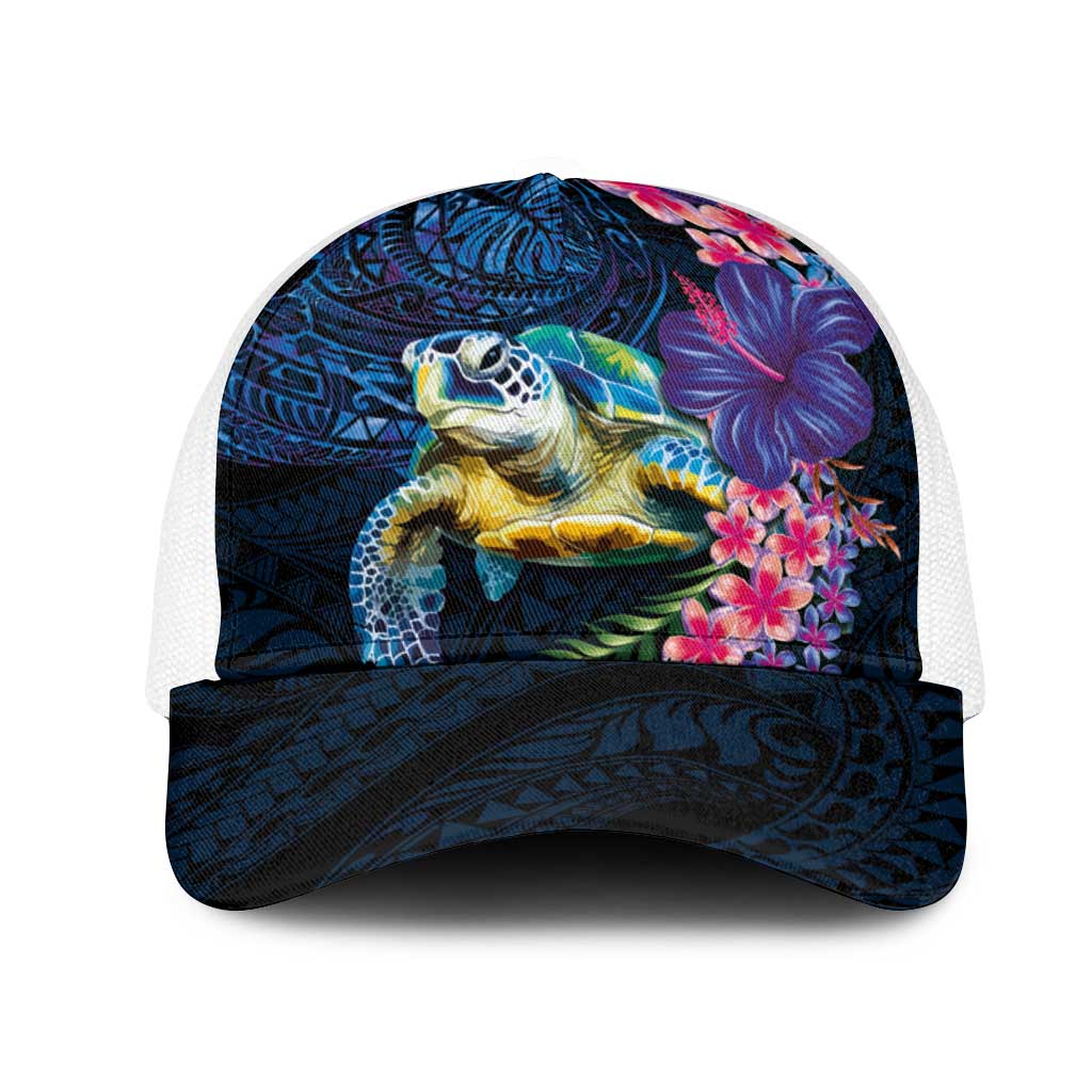 Hawaiian Plumeria and Hibiscus with Turtles Mesh Trucker Cap Polynesian Art Dark Cyan Color LT03 One Size White Dark Cyan - Polynesian Pride