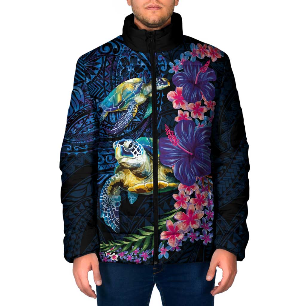 Hawaiian Plumeria and Hibiscus with Turtles Padded Jacket Polynesian Art Dark Cyan Color LT03 Men Dark Cyan - Polynesian Pride