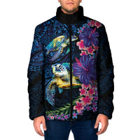 Hawaiian Plumeria and Hibiscus with Turtles Padded Jacket Polynesian Art Dark Cyan Color LT03 Men Dark Cyan - Polynesian Pride