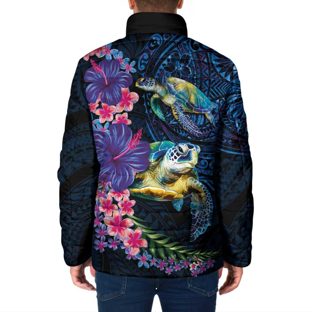 Hawaiian Plumeria and Hibiscus with Turtles Padded Jacket Polynesian Art Dark Cyan Color LT03 - Polynesian Pride