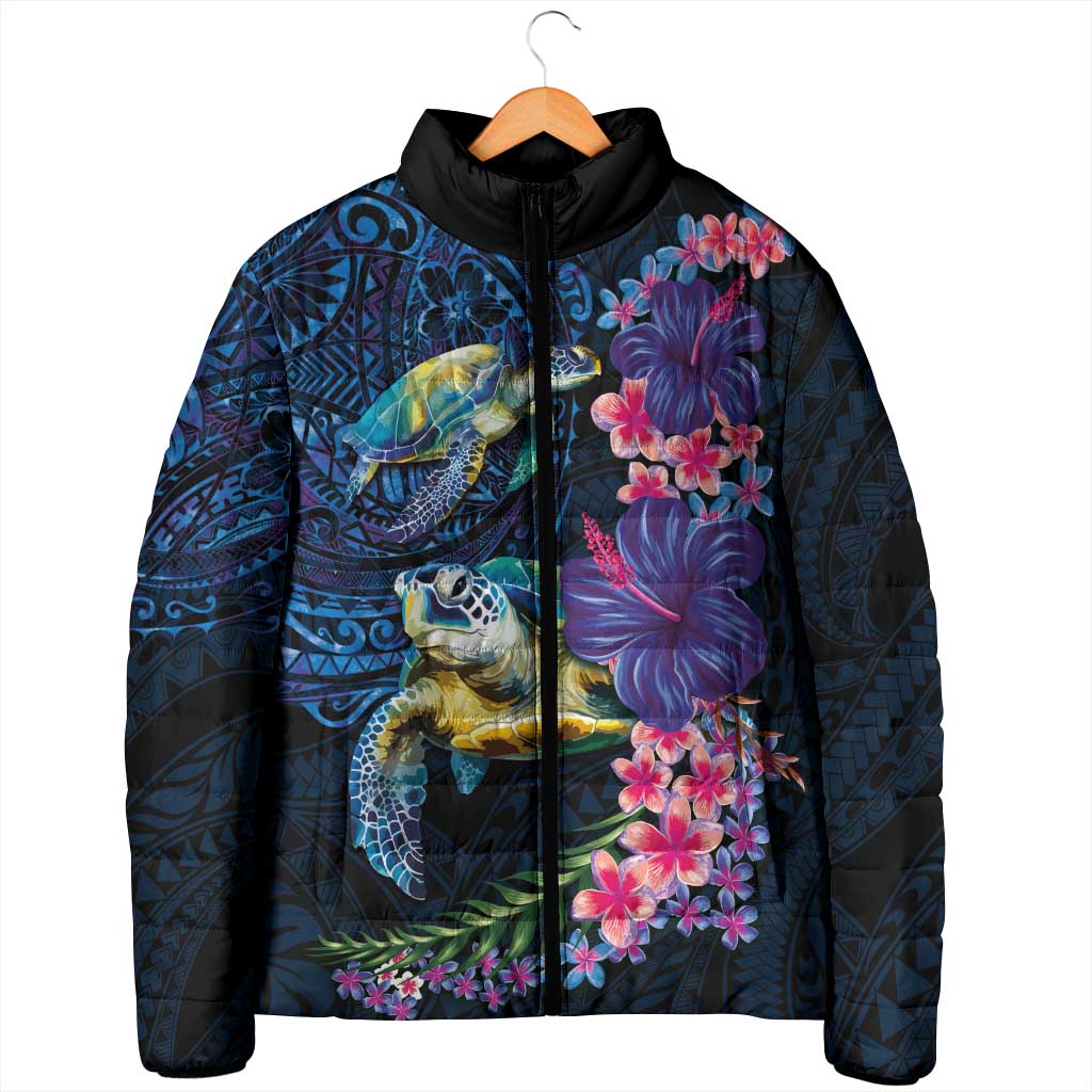 Hawaiian Plumeria and Hibiscus with Turtles Padded Jacket Polynesian Art Dark Cyan Color LT03 - Polynesian Pride