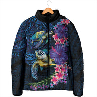 Hawaiian Plumeria and Hibiscus with Turtles Padded Jacket Polynesian Art Dark Cyan Color LT03 - Polynesian Pride