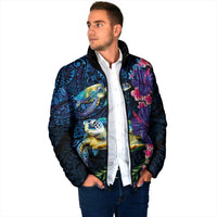 Hawaiian Plumeria and Hibiscus with Turtles Padded Jacket Polynesian Art Dark Cyan Color LT03 - Polynesian Pride