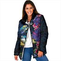 Hawaiian Plumeria and Hibiscus with Turtles Padded Jacket Polynesian Art Dark Cyan Color LT03 Women Dark Cyan - Polynesian Pride