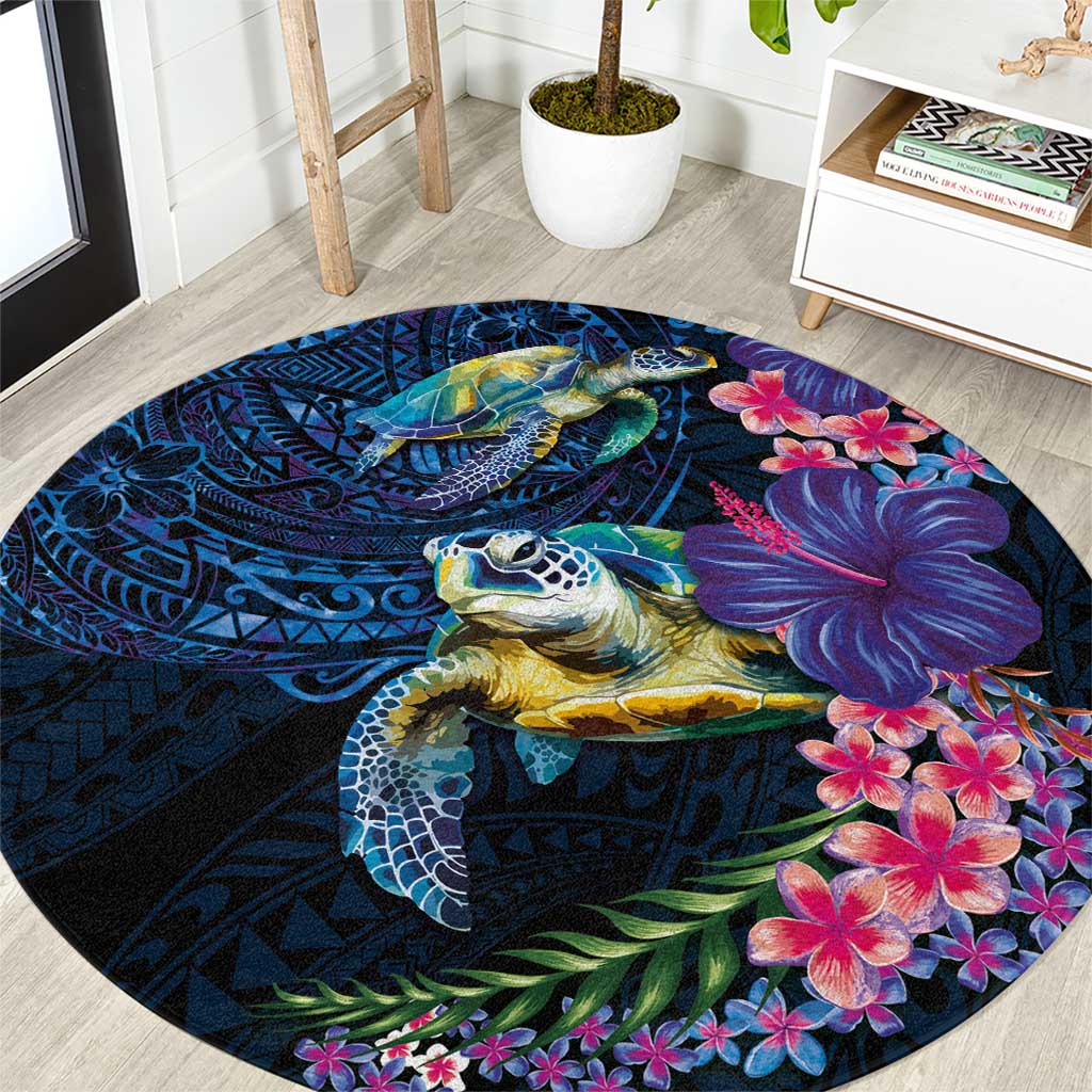 Hawaiian Plumeria and Hibiscus with Turtles Round Carpet Polynesian Art Dark Cyan Color LT03 Dark Cyan - Polynesian Pride