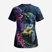 Hawaiian Plumeria and Hibiscus with Turtles Scrub Top Polynesian Art Dark Cyan Color LT03 - Polynesian Pride