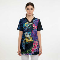 Hawaiian Plumeria and Hibiscus with Turtles Scrub Top Polynesian Art Dark Cyan Color LT03 - Polynesian Pride
