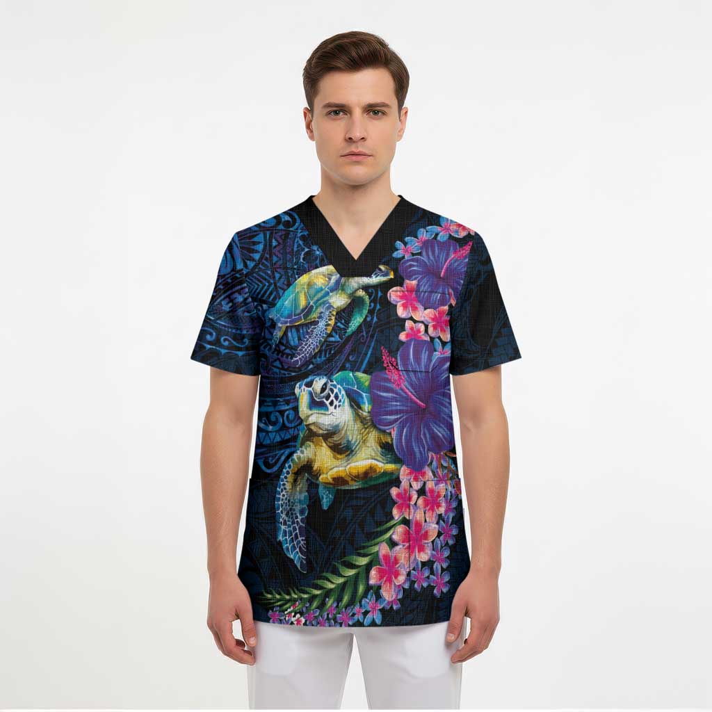 Hawaiian Plumeria and Hibiscus with Turtles Scrub Top Polynesian Art Dark Cyan Color LT03 - Polynesian Pride