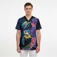 Hawaiian Plumeria and Hibiscus with Turtles Scrub Top Polynesian Art Dark Cyan Color LT03 - Polynesian Pride