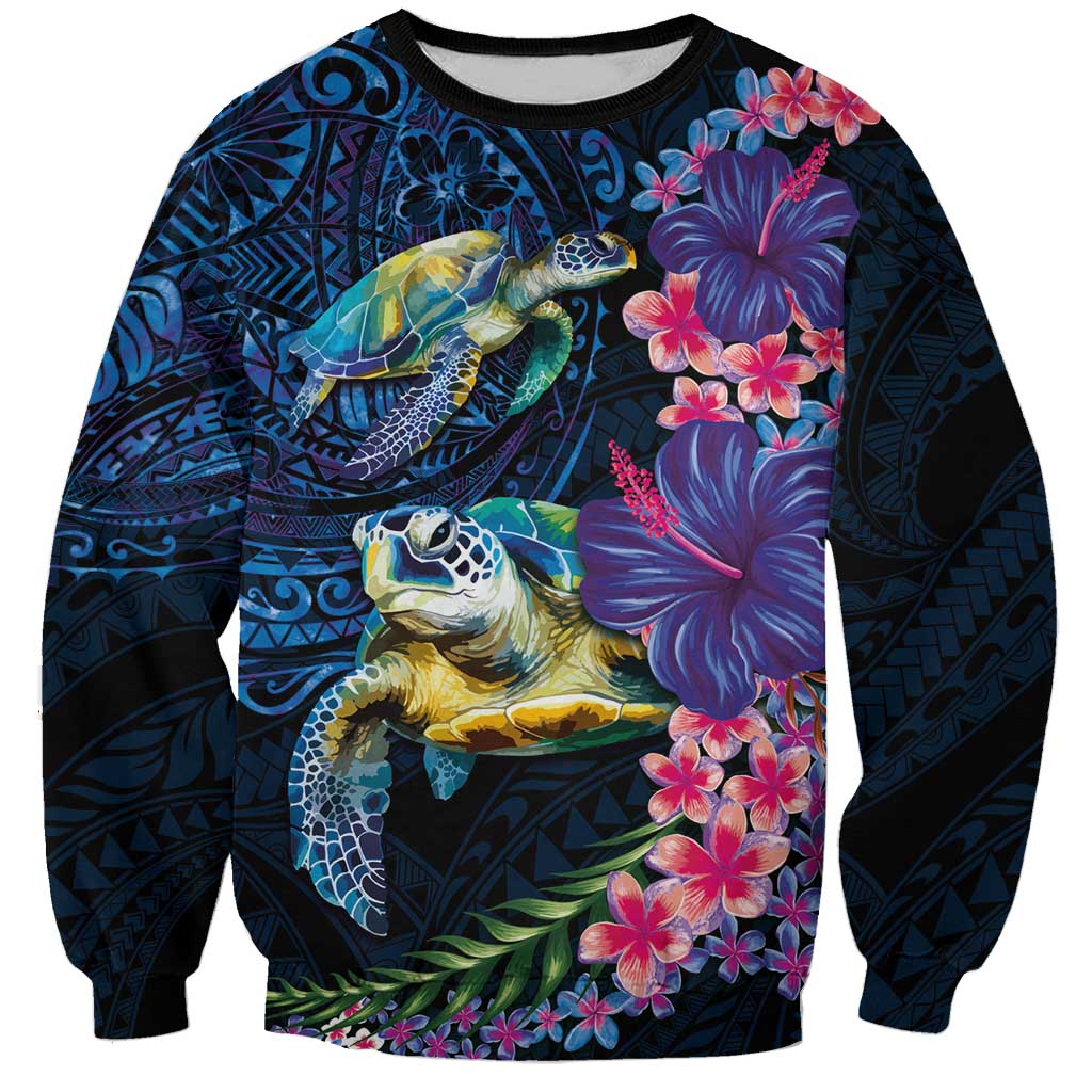 Hawaiian Plumeria and Hibiscus with Turtles Sweatshirt Polynesian Art Dark Cyan Color LT03 Unisex Dark Cyan - Polynesian Pride