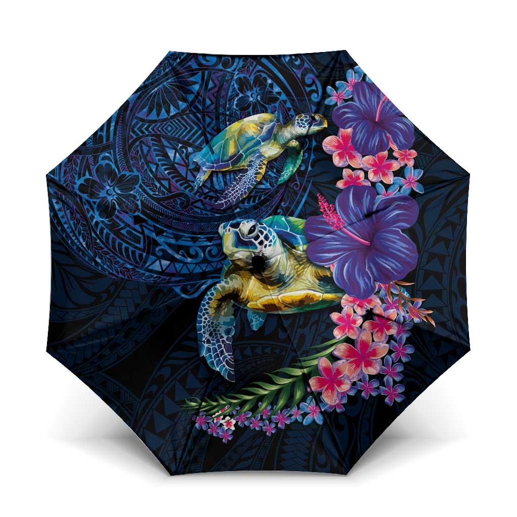 Hawaiian Plumeria and Hibiscus with Turtles Umbrella Polynesian Art Dark Cyan Color LT03 One Size Folded 11.42 inch Opened Diameter 37.4 inch Dark Cyan - Polynesian Pride