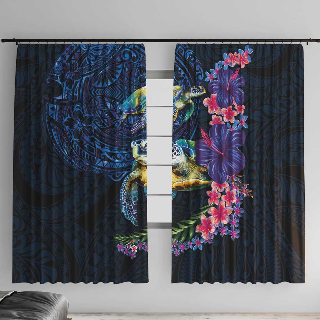 Hawaiian Plumeria and Hibiscus with Turtles Window Curtain Polynesian Art Dark Cyan Color LT03 With Hooks Dark Cyan - Polynesian Pride
