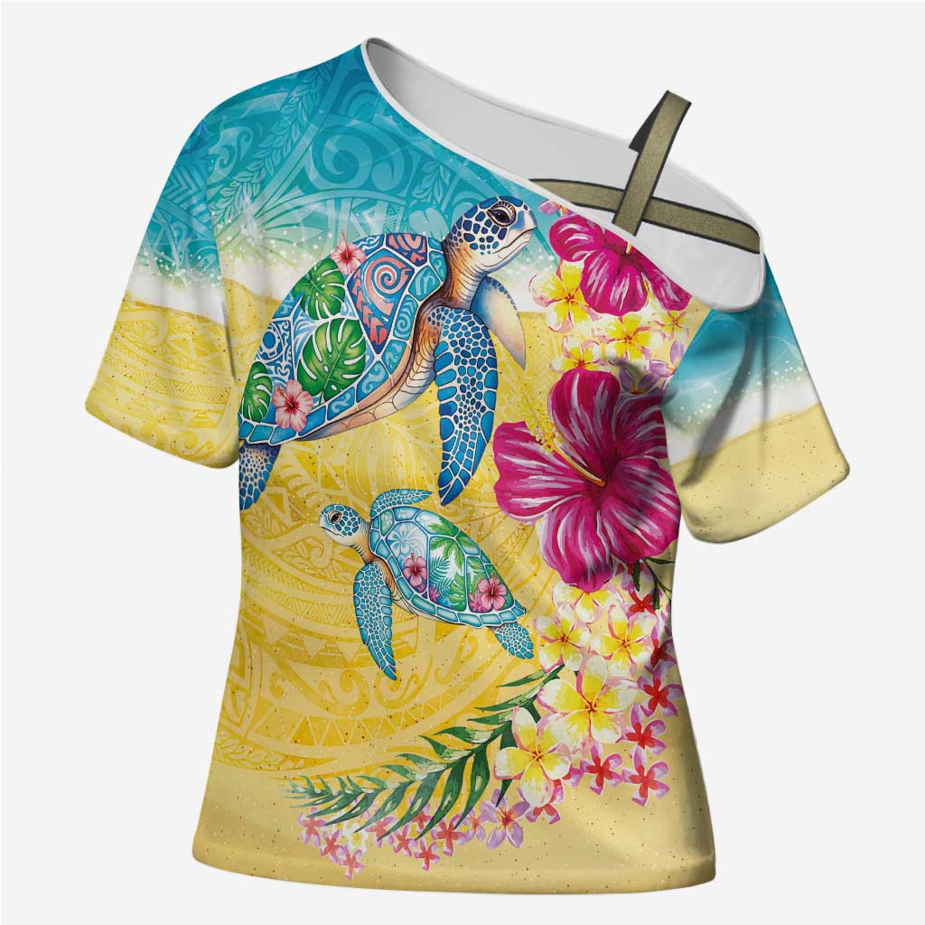 Hawaiian Tropical Plants Turtles Cross Shoulder Shirt Watercolor Style LT03 Female Multicolor - Polynesian Pride