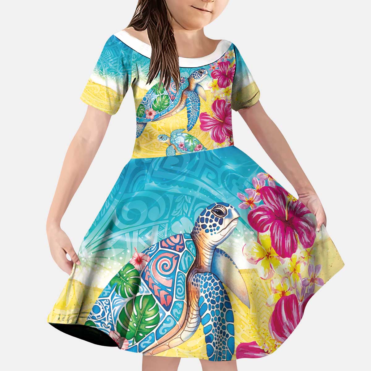 Hawaiian Tropical Plants Turtles Kid Short Sleeve Dress Watercolor Style LT03 KID Multicolor - Polynesian Pride