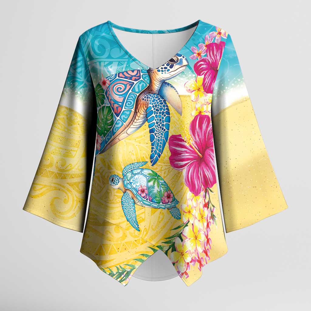 Hawaiian Tropical Plants Turtles Kimono Sleeve Blouse Watercolor Style LT03 Female Multicolor - Polynesian Pride