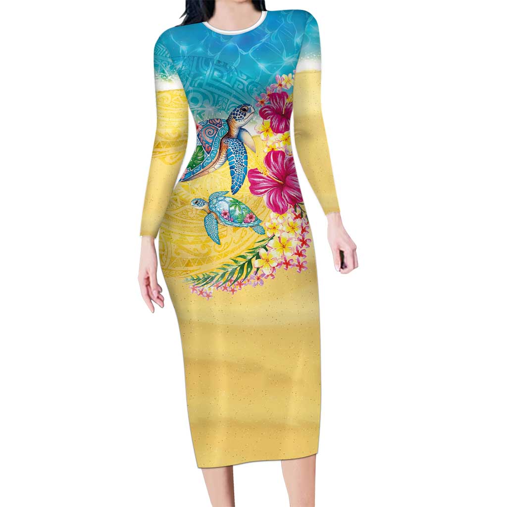Hawaiian Tropical Plants Turtles Long Sleeve Bodycon Dress Watercolor Style LT03 Long Dress Multicolor - Polynesian Pride