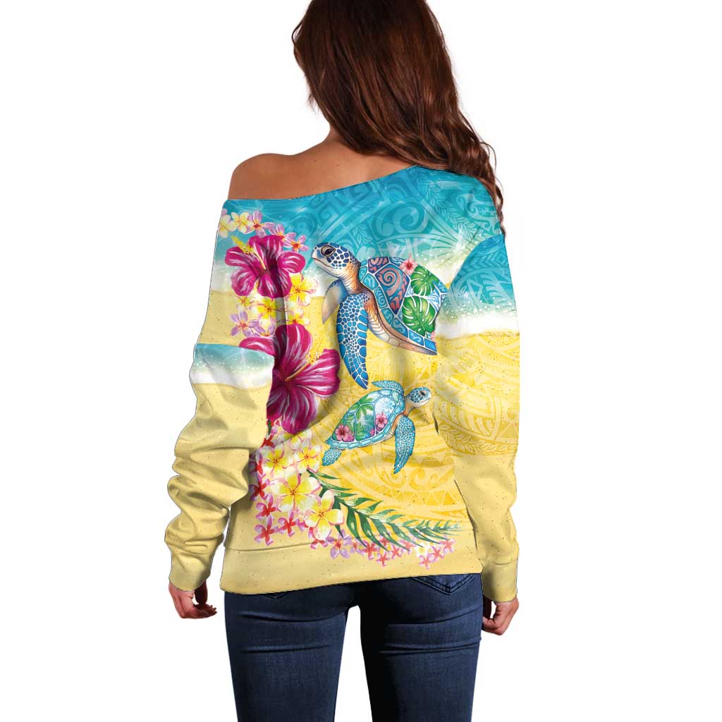 Hawaiian Tropical Plants Turtles Off Shoulder Sweater Watercolor Style LT03 - Polynesian Pride