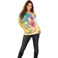 Hawaiian Tropical Plants Turtles Off Shoulder Sweater Watercolor Style LT03 - Polynesian Pride