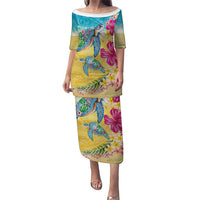 Hawaiian Tropical Plants Turtles Puletasi Watercolor Style LT03 Long Dress Multicolor - Polynesian Pride