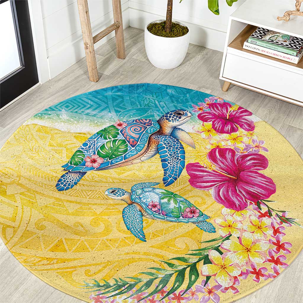 Hawaiian Tropical Plants Turtles Round Carpet Watercolor Style LT03 Multicolor - Polynesian Pride