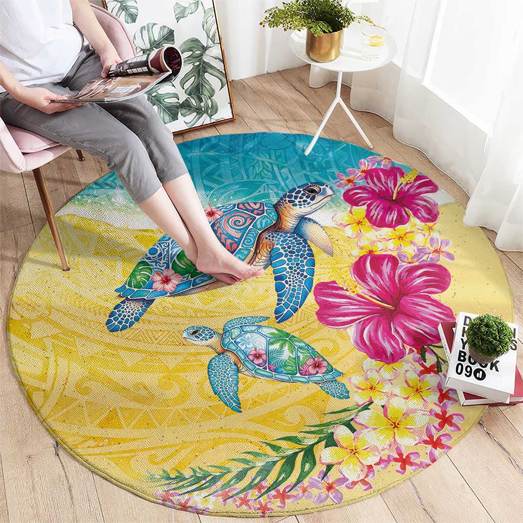 Hawaiian Tropical Plants Turtles Round Carpet Watercolor Style LT03 - Polynesian Pride