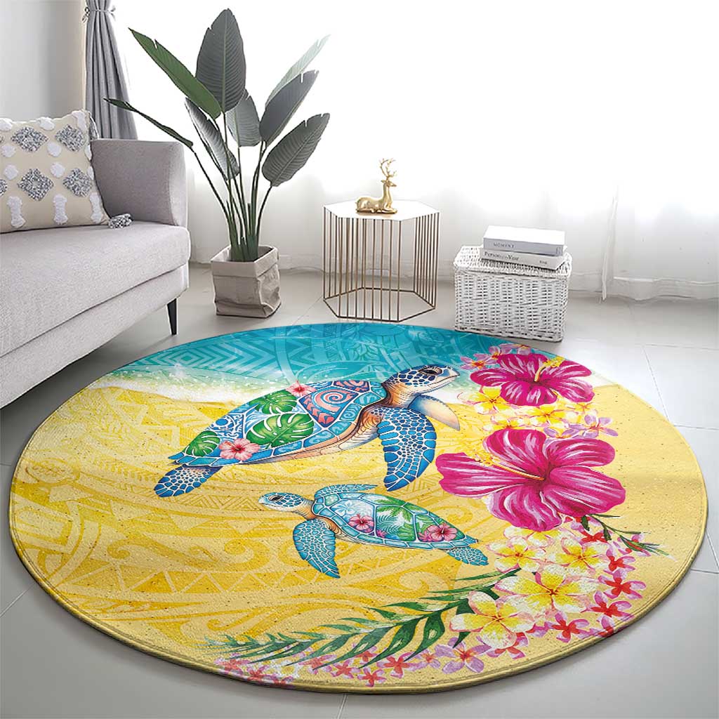 Hawaiian Tropical Plants Turtles Round Carpet Watercolor Style LT03 - Polynesian Pride