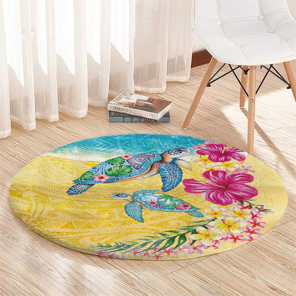 Hawaiian Tropical Plants Turtles Round Carpet Watercolor Style LT03 - Polynesian Pride
