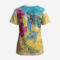 Hawaiian Tropical Plants Turtles Scrub Top Watercolor Style LT03 - Polynesian Pride