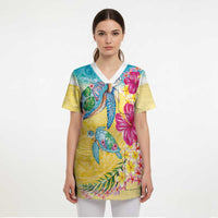 Hawaiian Tropical Plants Turtles Scrub Top Watercolor Style LT03 - Polynesian Pride