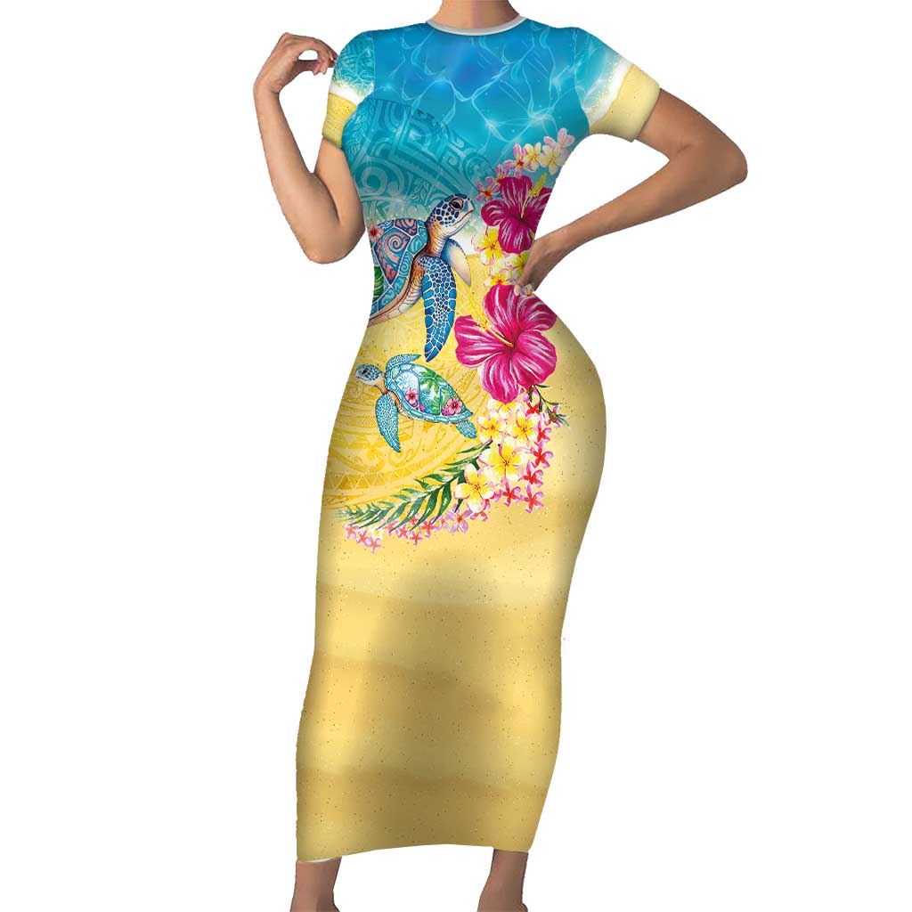 Hawaiian Tropical Plants Turtles Short Sleeve Bodycon Dress Watercolor Style LT03 Long Dress Multicolor - Polynesian Pride