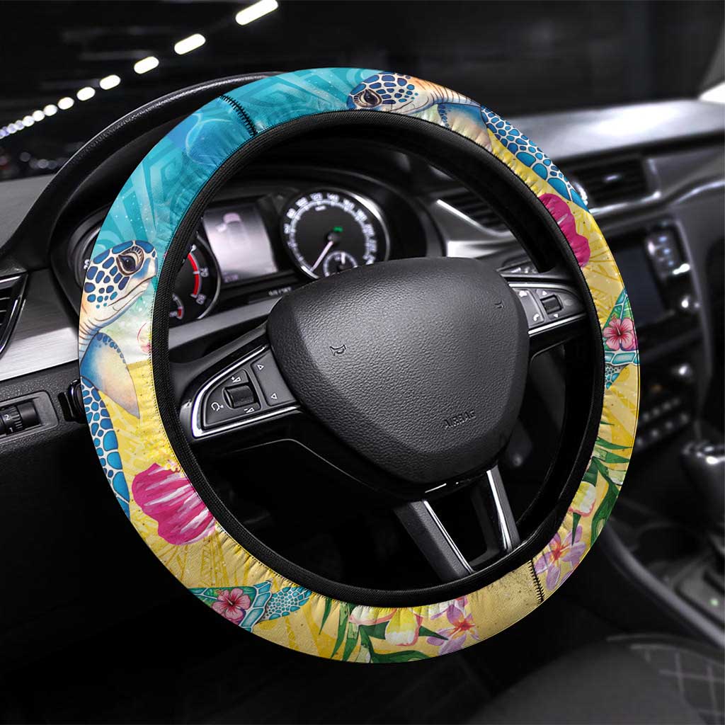 Hawaiian Tropical Plants Turtles Steering Wheel Cover Watercolor Style LT03 Universal Fit Multicolor - Polynesian Pride