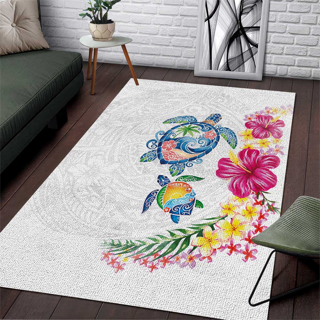Hawaiian Abstract Art Turtles Area Rug with Plumeria and Hibiscus LT03 White - Polynesian Pride