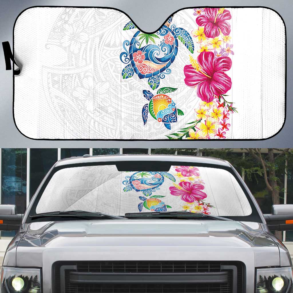 Hawaiian Abstract Art Turtles Auto Sun Shade with Plumeria and Hibiscus LT03 White - Polynesian Pride