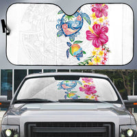 Hawaiian Abstract Art Turtles Auto Sun Shade with Plumeria and Hibiscus LT03 White - Polynesian Pride