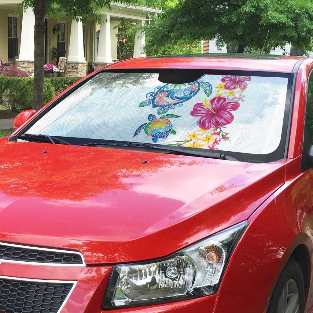 Hawaiian Abstract Art Turtles Auto Sun Shade with Plumeria and Hibiscus LT03 - Polynesian Pride