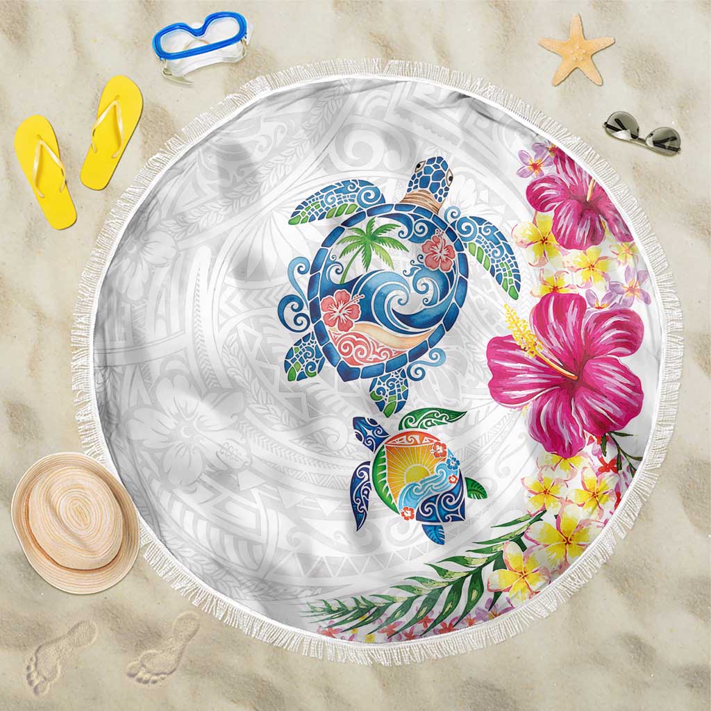 Hawaiian Abstract Art Turtles Beach Blanket with Plumeria and Hibiscus LT03 One Size 150cm White - Polynesian Pride