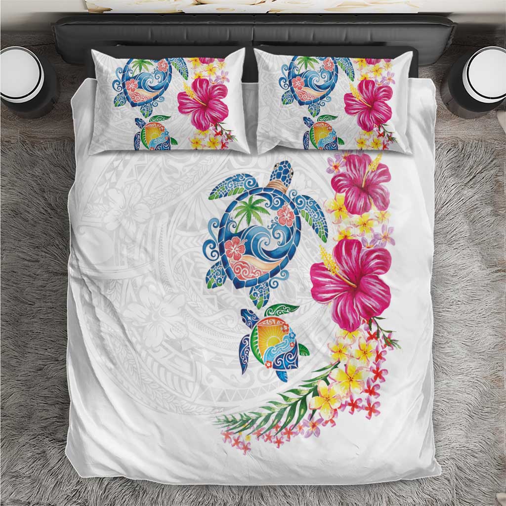 Hawaiian Abstract Art Turtles Bedding Set with Plumeria and Hibiscus LT03 White - Polynesian Pride