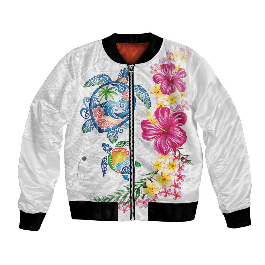Hawaiian Abstract Art Turtles Bomber Jacket with Plumeria and Hibiscus LT03 Unisex White - Polynesian Pride
