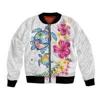 Hawaiian Abstract Art Turtles Bomber Jacket with Plumeria and Hibiscus LT03 Unisex White - Polynesian Pride