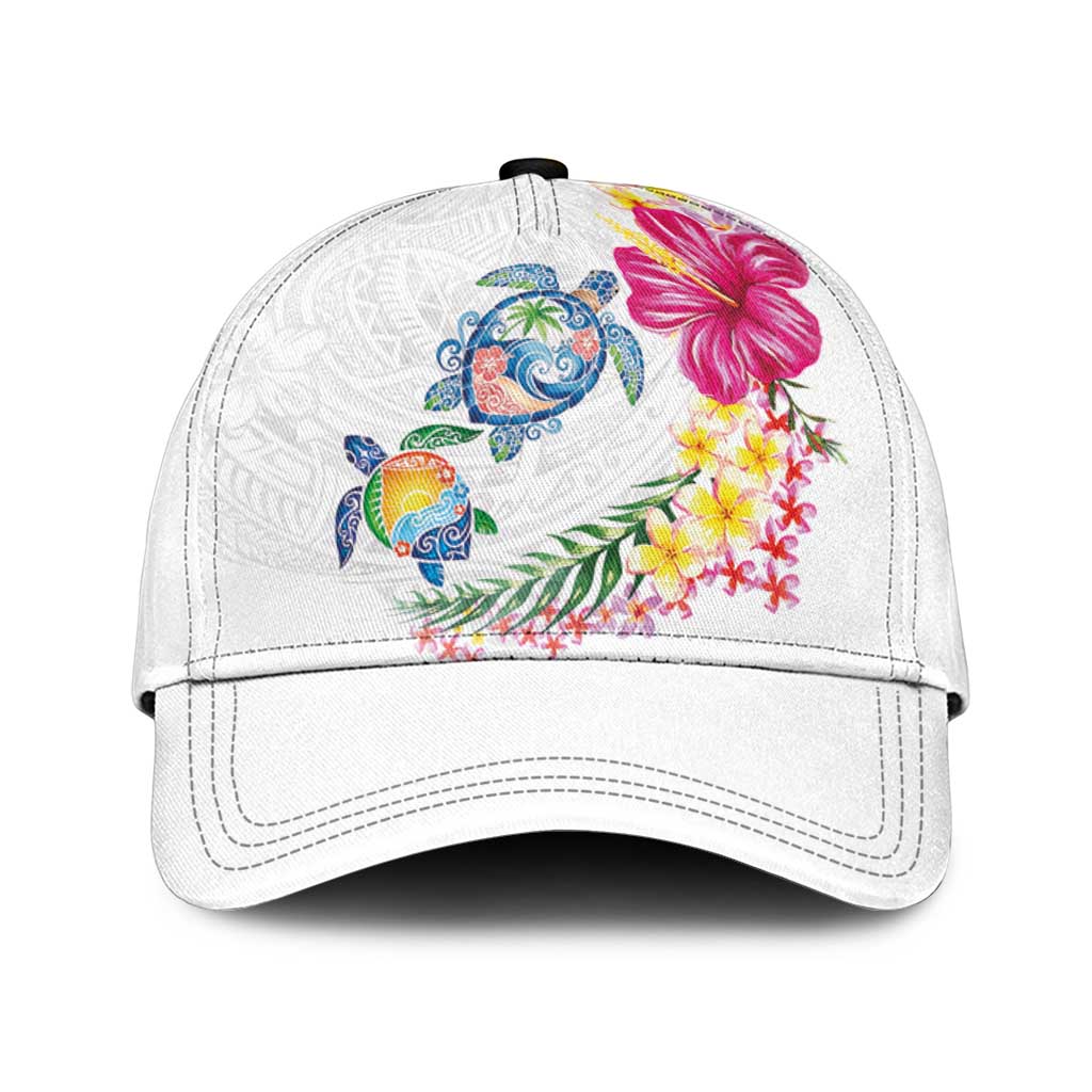 Hawaiian Abstract Art Turtles Classic Cap with Plumeria and Hibiscus LT03 Universal Fit White - Polynesian Pride