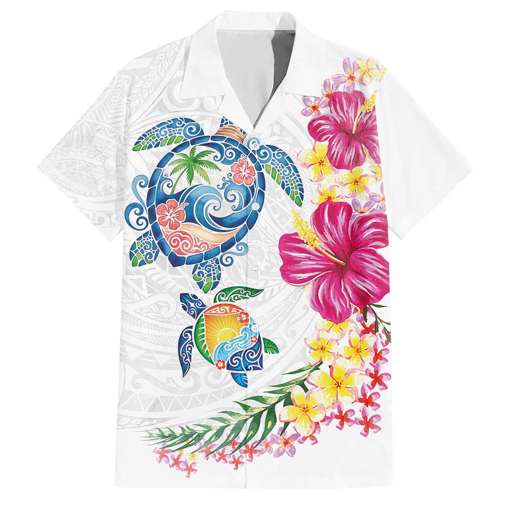 Hawaiian Abstract Art Turtles Hawaiian Shirt with Plumeria and Hibiscus LT03 White - Polynesian Pride