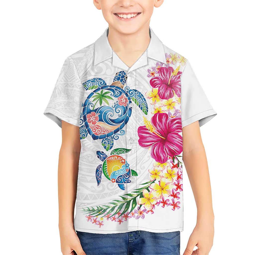 Hawaiian Abstract Art Turtles Kid Hawaiian Shirt with Plumeria and Hibiscus LT03 Kid White - Polynesian Pride