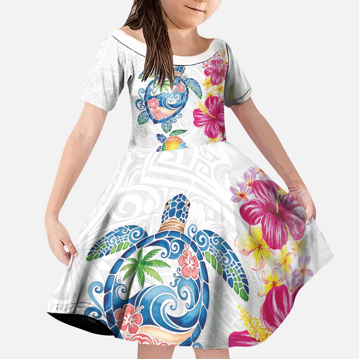 Hawaiian Abstract Art Turtles Kid Short Sleeve Dress with Plumeria and Hibiscus LT03 KID White - Polynesian Pride