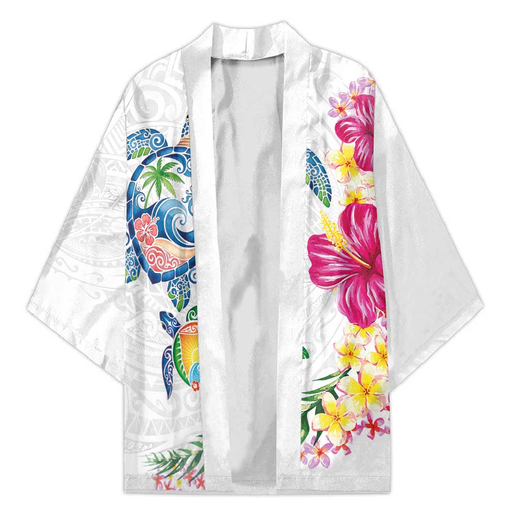 Hawaiian Abstract Art Turtles Kimono with Plumeria and Hibiscus LT03 Unisex White - Polynesian Pride